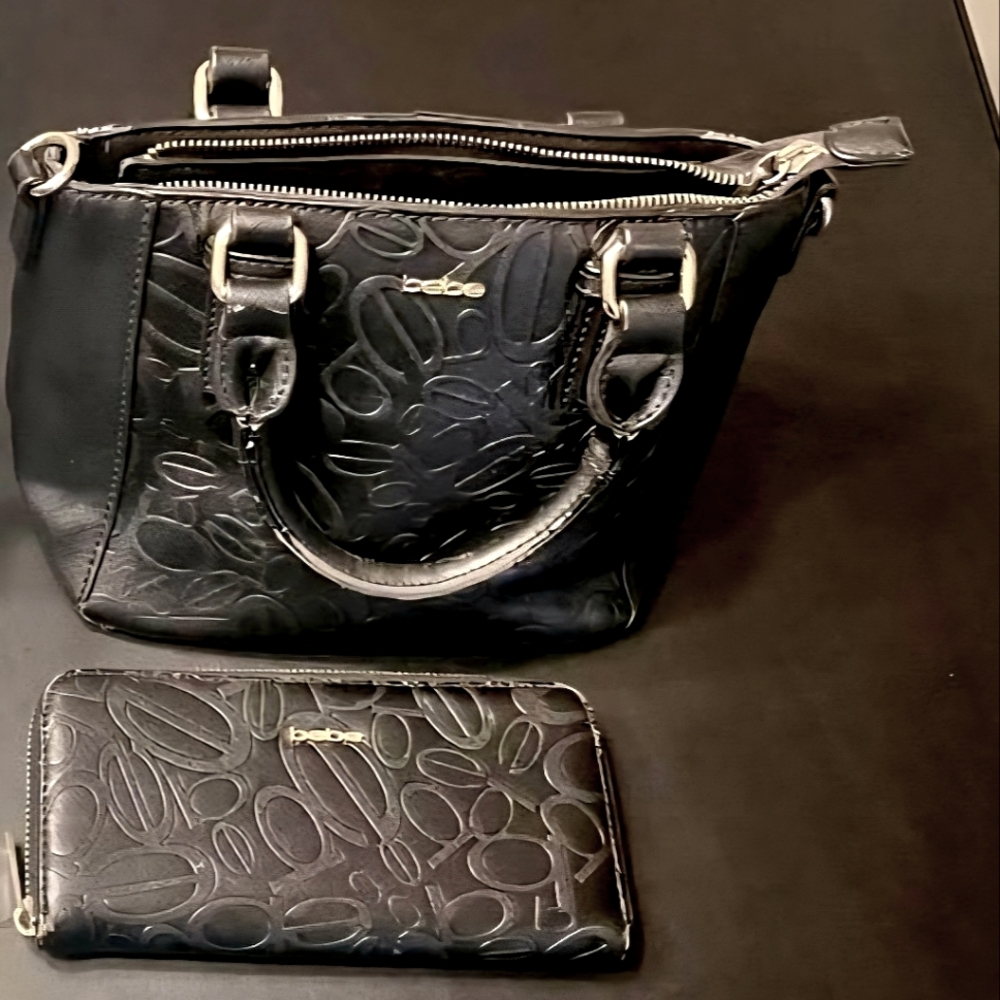 Bebe Black Leather Textured Satchel and Wallet Set